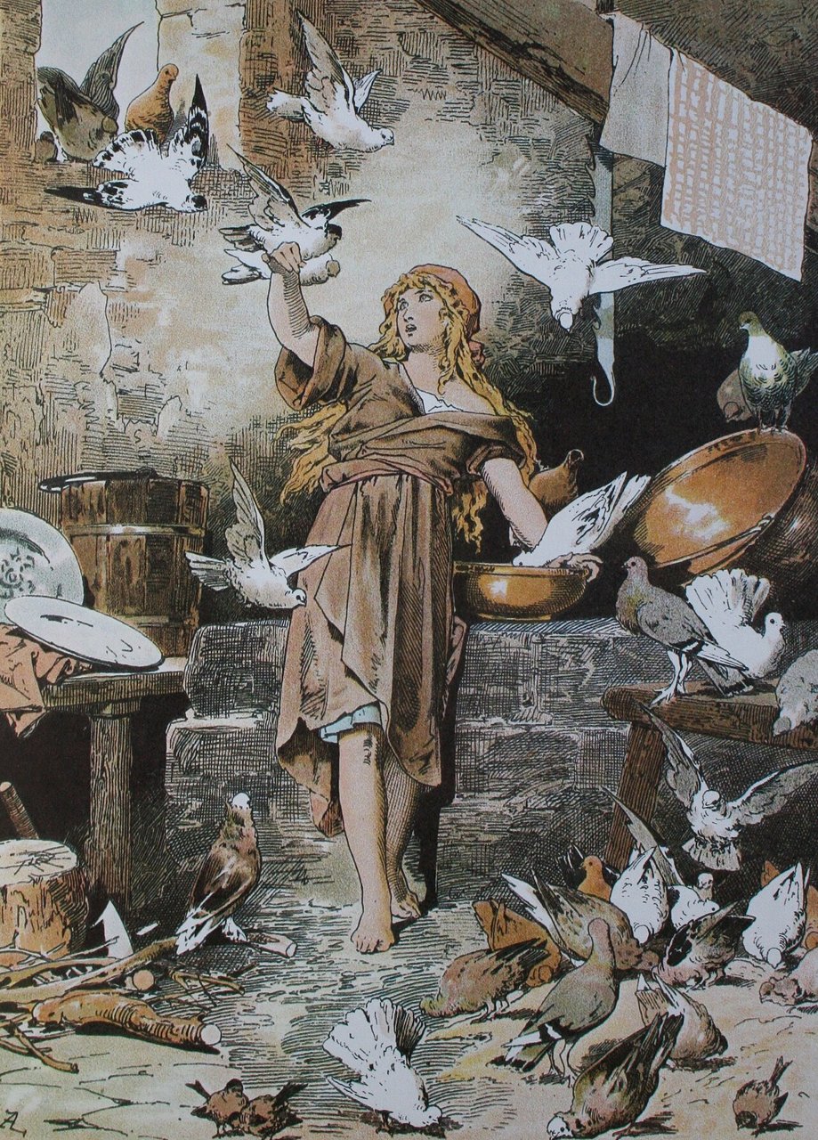 Aschenputtel feeding the birds, by Alexander Zick. Public domain, via Wikimedia Commons