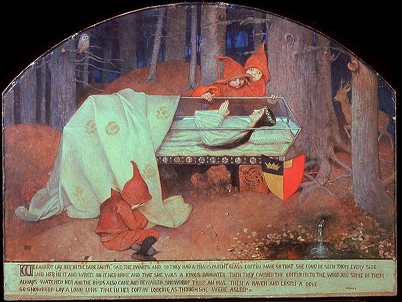 Painting of Snow White lying in a glass coffin in the forest, watched by the dwarfs, by Marianne Stokes